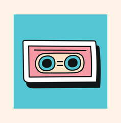 Wall Mural - doodle cassette in blue square. gadget and device, inventory for listening audio files. tape recorde