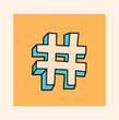 Doodle hashtag in yellow square. Sticker for social networks and messengers. Communication and interaction on Internet, symbol of youth. Trend and popular content. Cartoon flat vector illustration
