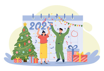 New Year celebrating. Man and woman next to gift box and Christmas tree against background of 2023 calendar. Party and event, entertainment. Holiday and festival. Cartoon flat vector illustration