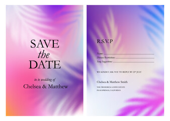 Aufkleber - Bright Tropical Gradient Backgrounds Set. Vector Wedding Invitations. Save the Date Greeting Cards. Abstract Bg with Tropical Elements Overlay. Blurred Palm Leaves