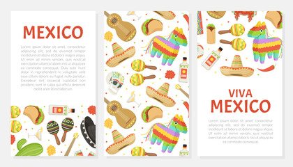 Canvas Print - Mexican Cartoon Card Design with Pinata and Sombrero Hat Vector Template