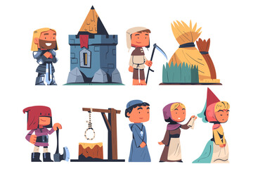 Poster - People from Middle Ages with Knight, Headsman, Peasant and Priest Vector Set