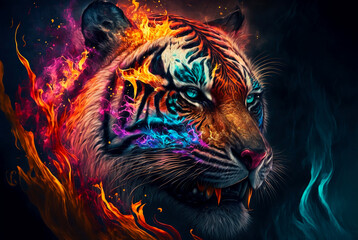 Tiger, the head of a tiger in a multi-colored flame. Abstract multicolored profile portrait of a tiger head on a black background.