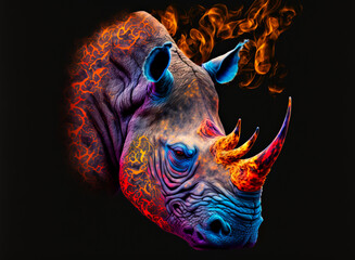 Rhinoceros, the head of a rhinoceros in a multi-colored flame. Abstract multicolored profile portrait of a head of a hornet on a black background.