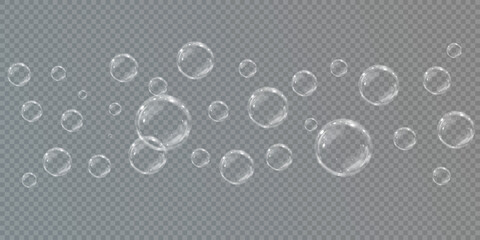 Wall Mural - Collection of realistic soap bubbles. Bubbles are located on a transparent background. Vector flying soap bubble. Bubble PNG Water glass bubble realistic png