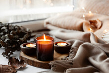 Warm Cozy Window Arrangement, Winter Or Autumn Concept, Candles Throw Lights