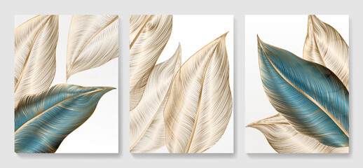 Abstract luxury art background with leaves in gold line style in white and blue. Botanical hand drawn print set for decor, banner, poster, wallpaper, interior design.