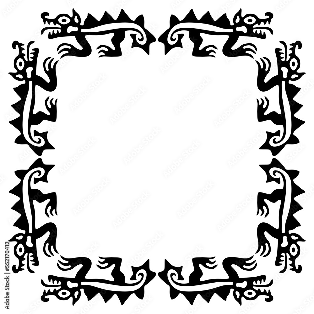Rectangle Border Native Rectangular frame with fantastic animals. Native American art of Moche ...