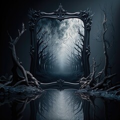 Mystical gothic mirror, dark gloomy background with fantasy mirror, reflection of darkness, dark forest. AI