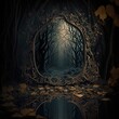 Mystical gothic mirror, dark gloomy background with fantasy mirror, reflection of darkness, dark forest. AI