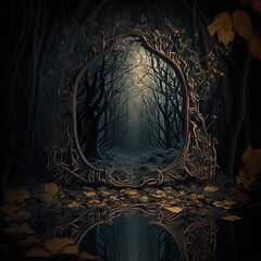 Wall Mural - Mystical gothic mirror, dark gloomy background with fantasy mirror, reflection of darkness, dark forest. AI