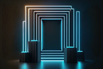 Wall Mural - columns and flashing neon lights make up the geometric backdrop. empty rectangle box for text. Generative AI