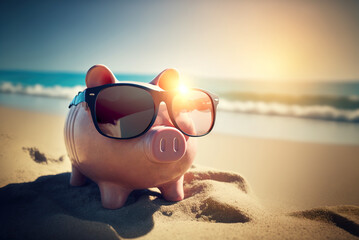 Piggy bank on vacation, travel cost concept - Generative AI