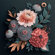 Colorful Paper Cut Flowers On A Dark Background. 3D Digital Illustration, Holiday Floral Background, Quilling, Handmade Holiday Decoration. Boho Card Template. Mother's Day Card. Generative AI