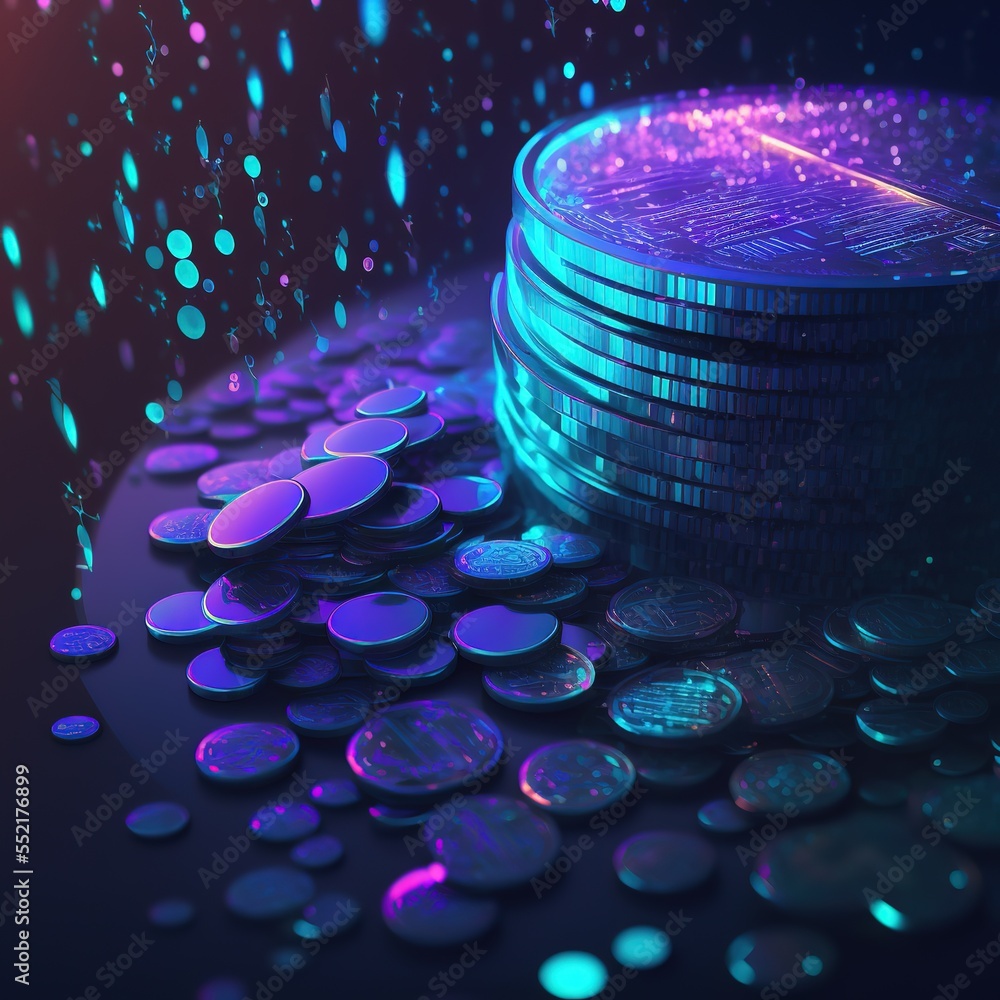 A stack of coins in neon light on a dark background. Neon coins. Finance,  banking, graphic