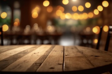 Wooden table with blur effect on the back and bright lights. Cozy and atmospheric wooden table illustration with blur effect. 3D illustration. Generative ai