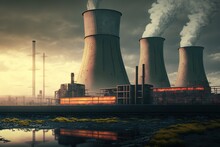CHP Building. Industrial Production. Industry Symbol. Cooling Towers Of CHP Thermoelectric Power Station. The Concept Of Environmental Pollution. Generative AI