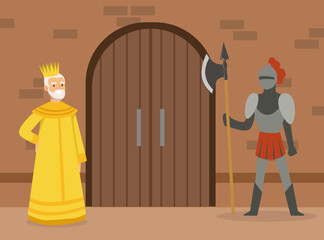 Poster - Medieval Life Scene with Man King from Middle Ages Wearing Crown Standing Near Castle Gate Vector Illustration