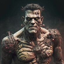 Intense, Muscular Frankenstein Like Monster With Wires And Metal Connections On His Stitched Up Body. Realistic Halloween Theme. Created With Generative AI Software. 