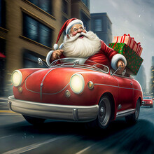 Santa Claus Driving A Small Red Car In The City Delivering Christmas Presents Stacked On The Back Of The Auto. Created With Generative AI Software. 