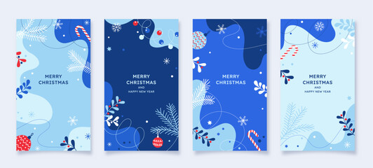 Merry Christmas and Happy New Year set of social media story design templates. Xmas holiday poster set. Vector design of christmas elements for greeting card, cover, social media post.