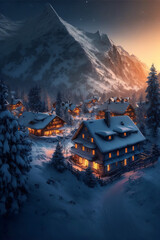 Wall Mural - Swiss Alps village with Christmas lights at winter sunrise with mountains at the background from the above. AI generated