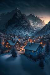 Wall Mural - Swiss Alps village with Christmas lights at winter sunrise with mountains at the background from the above. AI generated