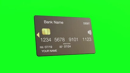 Debit atm card 3d rendered 4k animation rotating loop with green screen for keying. Modern banking concept animation