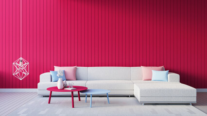 Wall Mural - Viva Magenta red wall color of the year 2023 living room interior - 3D rendering