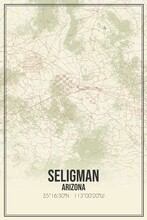 Retro US City Map Of Seligman, Arizona. Vintage Street Map.