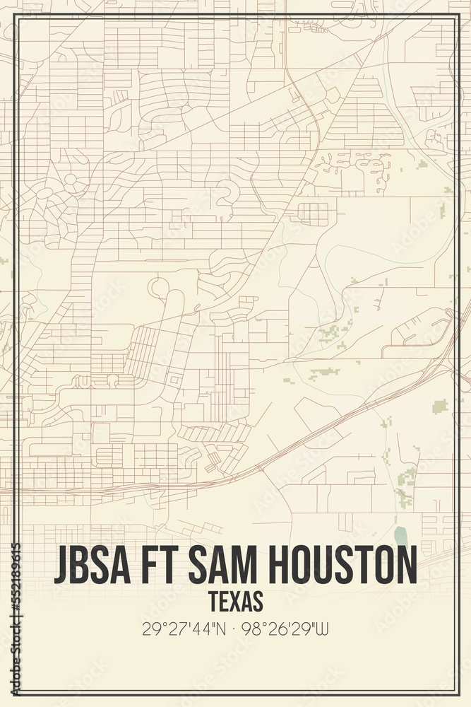 Retro US city map of Jbsa Ft Sam Houston, Texas. Vintage street map ...