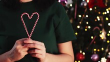 Woman Hands Hold Candy Cane Make Heart Shape, Decorated Christmas Tree On Background. Striped Red White Sweets On Green T-shirt, Defocused Flashing Lights. Concept Love Winter Holidays Merry Christmas