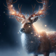 Wall Mural - A magic festive reindeer covered in glowing lights in a winter scene. Generative Ai