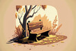 © AkuAku - a park's wooden seat in the sunshine, surrounded by dead grass and leaves. Generative AI