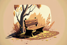 A Park's Wooden Seat In The Sunshine, Surrounded By Dead Grass And Leaves. Generative AI