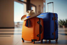Orange And Blue Suitcases With Hat, Travel Concept