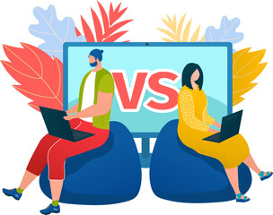 Gaming online concept vector illustration. People gamers with video game console, gamepad. Man vs Woman Video technology for leisure and entertainment.