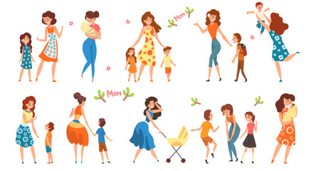 Sticker - Mothers and Their Kids Talking, Walking and Having Good Time with Their Children Vector Set