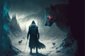 A black man in a robe with spear facing a giant wolf, winter snow in the night, digital illustration generative ai art style