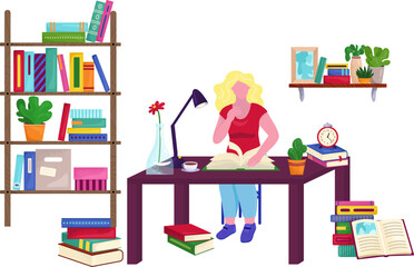 Wall Mural - Room with girl reading book in room vector illustration. Female student reads book, studying at home. Learning and knowledge.