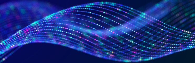 Particle stream. Purple background with many glowing particles. Information technology background. 3d rendering.