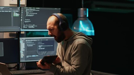 Cheerful app developer playing air guitar with keyboard, having fun and acting silly after hours. IT engineer fooling around with instrument and enjoying late night working in office, happy man.