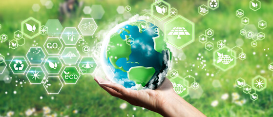 Wall Mural - man´s hands holding the green planet earth. eco concept, ecology, clean energy and environment.