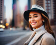 a woman wearing a hat and a coat smiling with a city street in the background made with generative ai