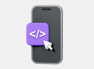 Wall Mural - 3d mobile phone with program code development and cursor. web coding concept. website programming. s