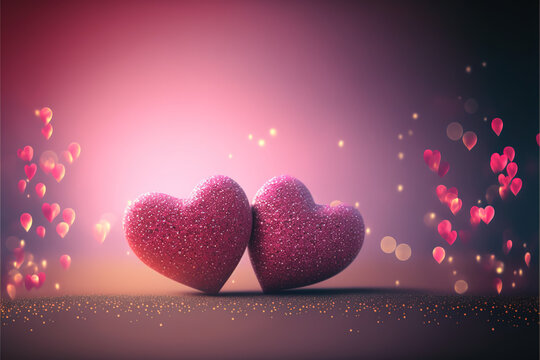 Two glittery hearts, Valentine's day or wedding illustration representing love. Pink design and bokeh.