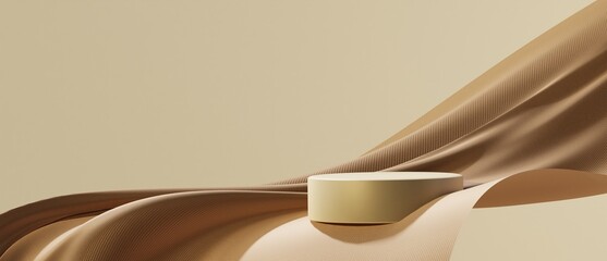 minimal abstract beige background with podium and wave satin curtain. round pedestal for natural cos