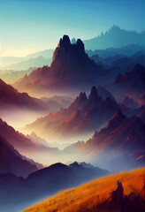 Poster - Horizontal shot of foggy beautiful mountains Generative AI