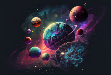 Wall Mural - of a nebula and planets in an abstract space scenario. Generative AI