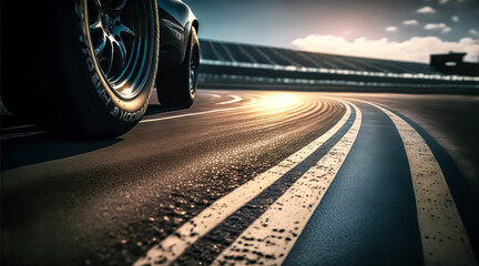 Wall Mural - Asphalt of the international race track with a race car at the start. Racer on a racing car passes the track.	